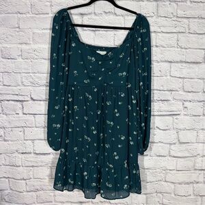 Abercrombie & Fitch Floral Smocked Mini Dress Teal Long Sleeve A&F Size XL